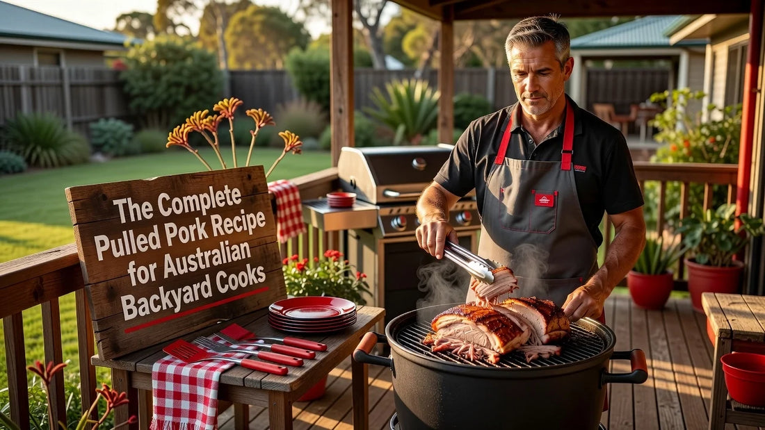 Professional header image for educational tutorial: The Complete Pulled Pork Recipe for Australian Backyard C...
