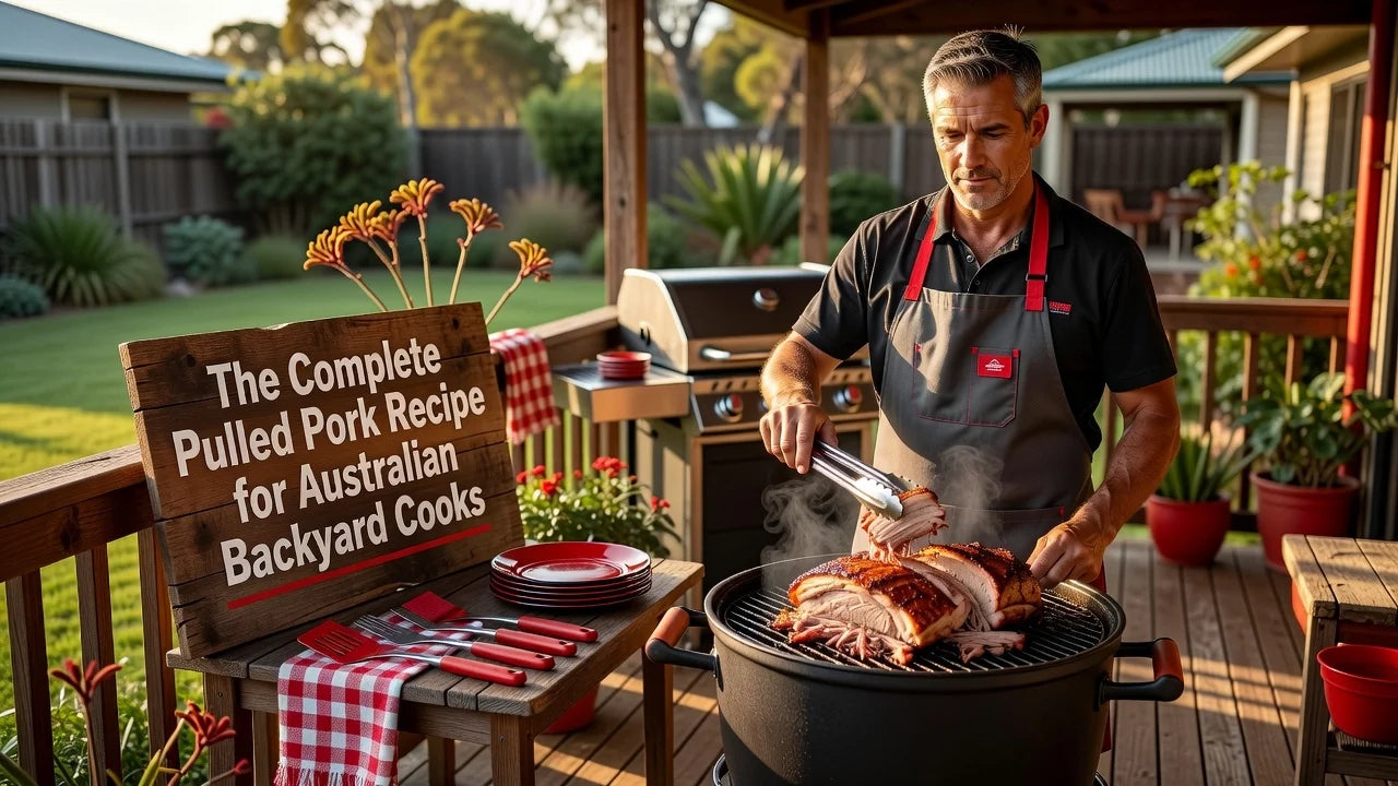Professional header image for educational tutorial: The Complete Pulled Pork Recipe for Australian Backyard C...