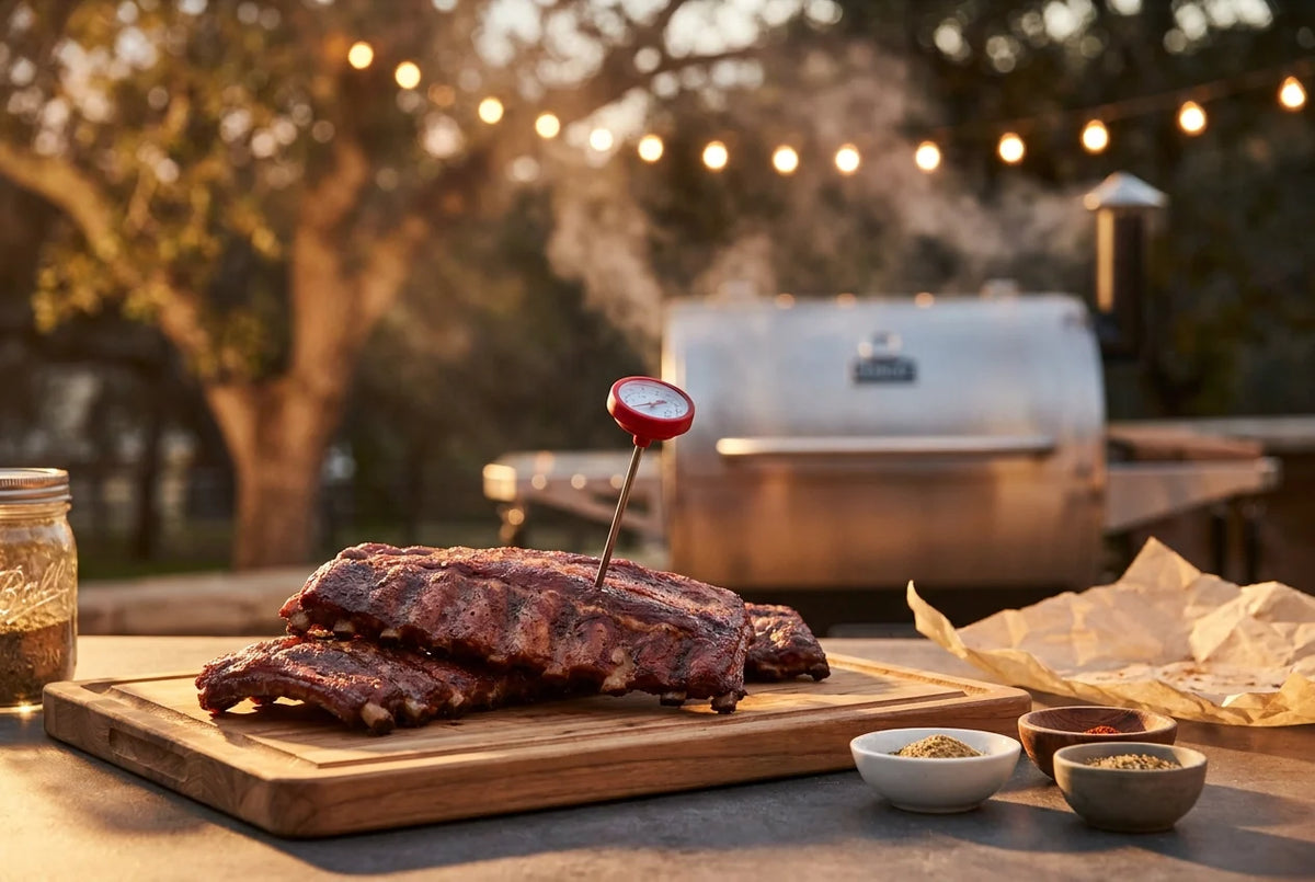 Professional header image for educational tutorial: Smoking Ribs: Internal Temperature, Timing and the 3-2-1 ...