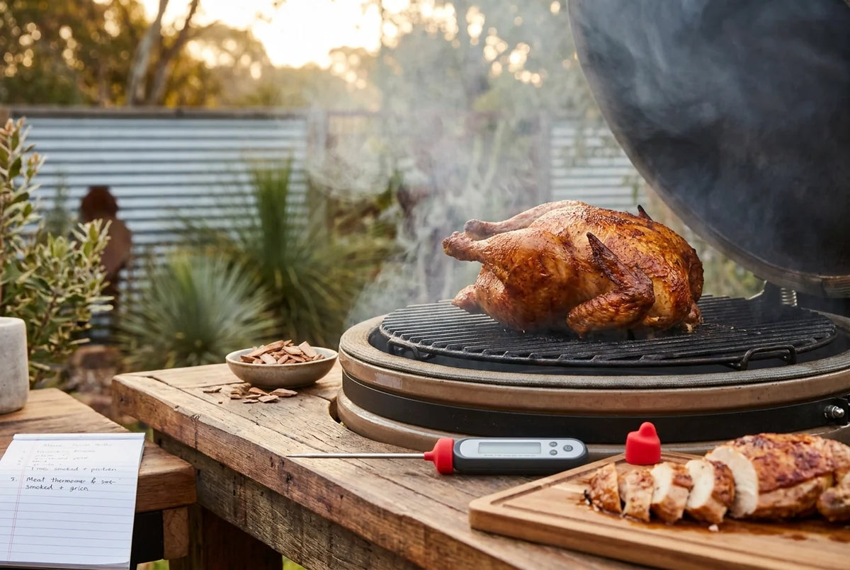Professional header image for educational tutorial: Smoking Chicken on the BBQ: Temperature, Timing and Techn...