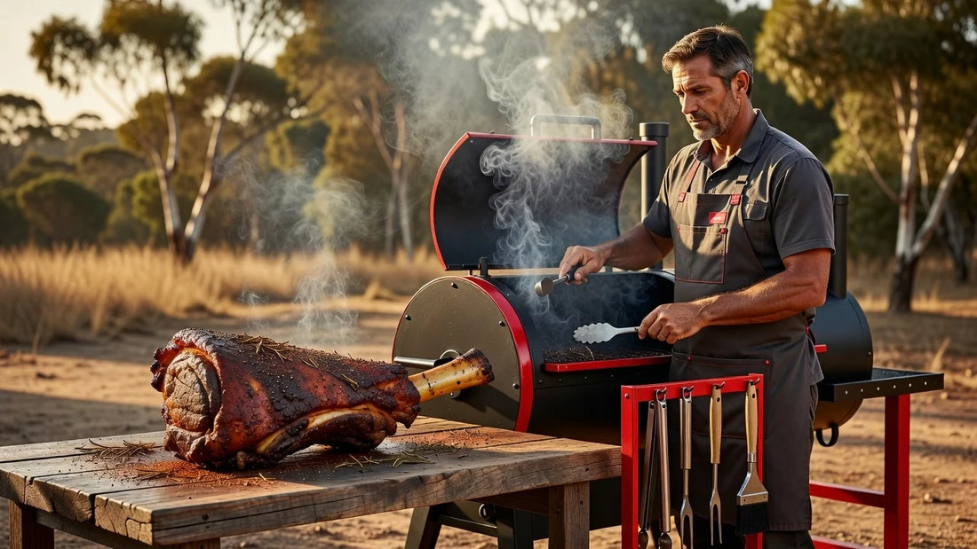 Professional header image for educational tutorial: Smoked Leg of Lamb: A Complete Australian BBQ Guide
