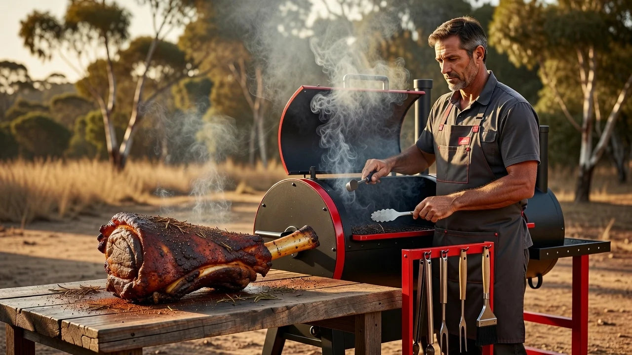 Professional header image for educational tutorial: Smoked Leg of Lamb: A Complete Australian BBQ Guide
