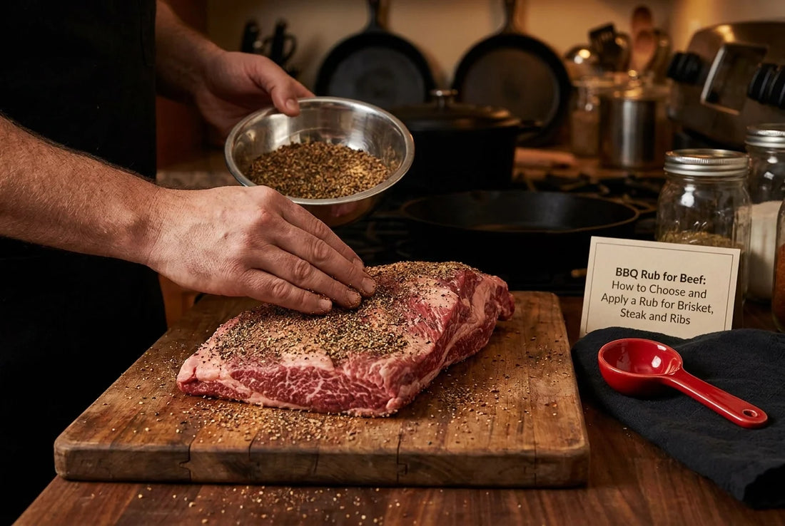 Professional header image for educational tutorial: BBQ Rub for Beef: How to Choose and Apply a Rub for Brisk...
