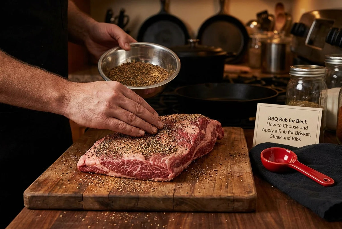 Professional header image for educational tutorial: BBQ Rub for Beef: How to Choose and Apply a Rub for Brisk...