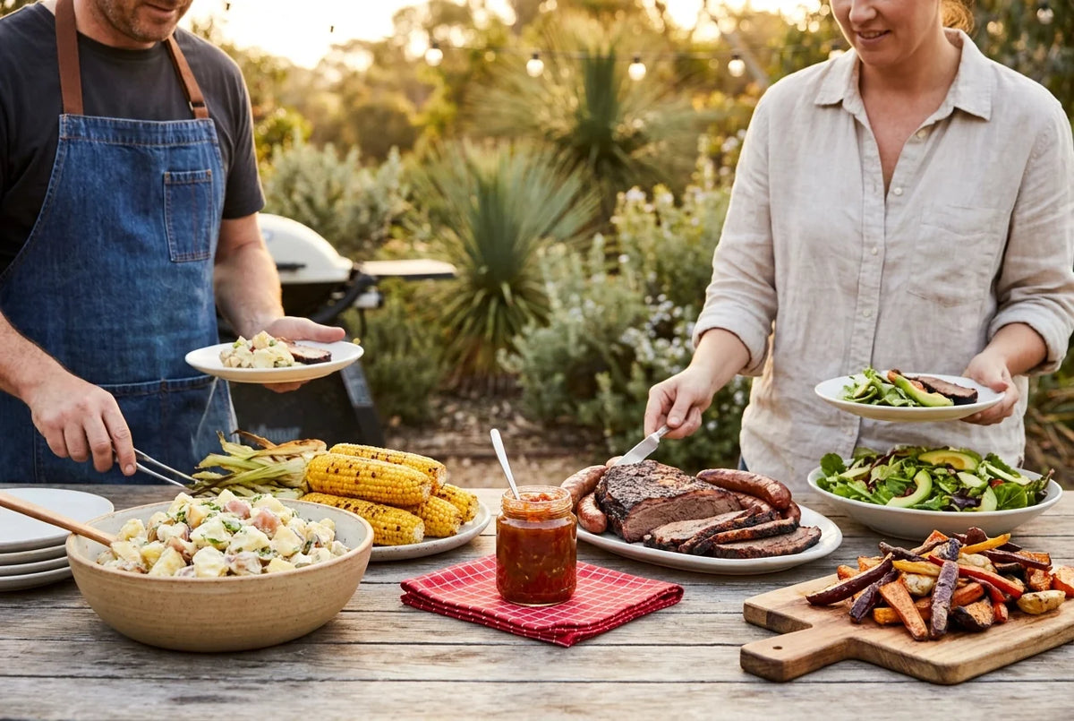 Professional header image for educational tutorial: BBQ Sides for Australian Backyard Cooks: What to Serve Al...