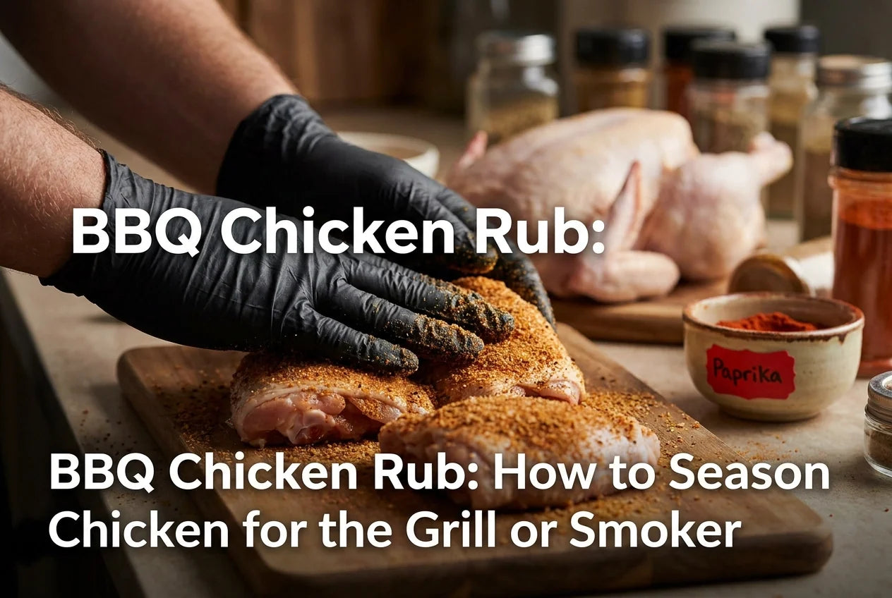 Professional header image for educational tutorial: BBQ Chicken Rub: How to Season Chicken for the Grill or S...