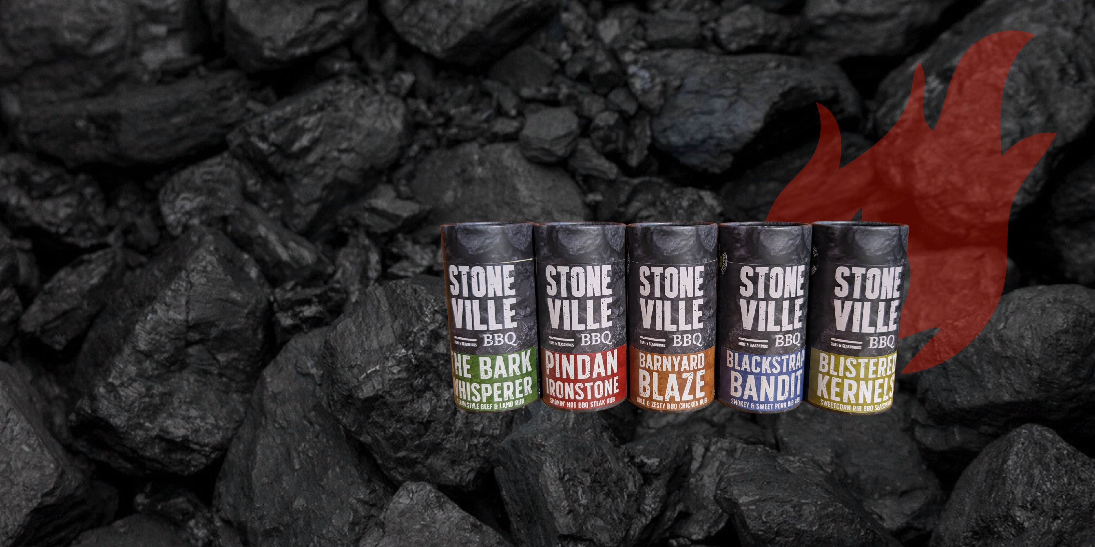 Charcoal background with all of Stoneville BBQ rubs displayed and a red flame in the background